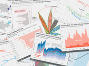 Collage of multiple FiveThirtyEight data visualizations including charts and maps on topics like marijuana laws, equal pay, NFL kickers, and the Running of the Bulls.