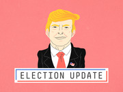 Editorial cartoon illustration of Donald Trump in a suit with an American flag pin, above a banner reading Election Update, on a pink background.