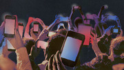 Stylized editorial illustration of a crowd of people holding up glowing smartphones, tinted in red and blue hues against a dark background.