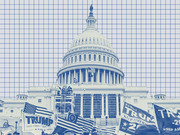 Blue-tinted editorial illustration of the US Capitol building with Trump rally flags and signs in the foreground on a grid background.
