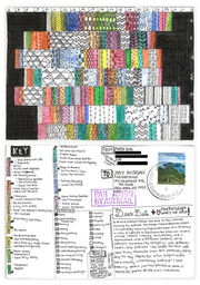 Hand-drawn postcard data visualization tracking podcast listening habits using colored patterns for categories and different textures for activities, sent to FiveThirtyEight's Dear Data project.