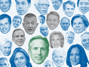 Collage of blue-tinted and one green-tinted portrait faces of various 2020 Democratic presidential candidates and potential candidates.