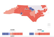 Choropleth map of North Carolina congressional districts colored by party, comparing the old 13-district map to a new 14-district map, with seat-count bars below.