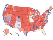 US map showing congressional districts colored in shades of red and blue indicating partisan lean, with yellow hatching for toss-up areas.