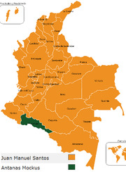 Map of Colombia showing regional election results with most departments in orange for Juan Manuel Santos and a small southern region in dark green for Antanas Mockus.