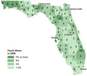 Choropleth map of Florida counties showing Ron Paul's vote share in the 2008 primary, with counties shaded by percentage ranging from 1-2% to 5% or more.