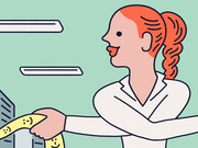 Editorial cartoon of a red-haired woman in a white coat reaching into a filing cabinet and pulling out a yellow folder with smiley faces on it.