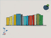 Editorial illustration of colorful books standing on a shelf with a small vase of flowers and abstract circles in the corners.