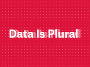 Red background with white dot grid pattern and bold white text reading Data Is Plural, a decorative editorial title graphic.