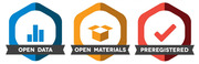 Three hexagonal badge icons representing Open Data, Open Materials, and Preregistered research transparency standards.