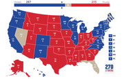 US Electoral College map showing Clinton with 287 electoral votes versus Trump with 215, with 36 toss-up votes, color-coded by state.