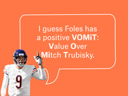 Editorial illustration of a Chicago Bears quarterback with a speech bubble joking that Nick Foles has a positive VOМiT: Value Over Mitch Trubisky.
