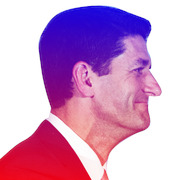 Stylized editorial illustration of a man in profile with blue and red color overlay treatment, appearing to be a political figure.