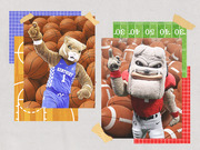 Editorial collage showing the Kentucky Wildcats basketball mascot and Georgia Bulldogs football mascot surrounded by sports balls and field graphics.