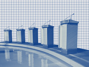 Blue-tinted editorial illustration of five debate podiums with microphones arranged in a row on a curved stage against a grid background.