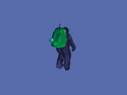 Watercolor illustration of a dark humanoid figure with a large green head or mask on a blue-purple background.