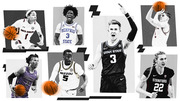 Editorial collage of six college basketball players in their uniforms from South Carolina, Memphis State, Furman, Mizzou, Utah State, and Stanford.