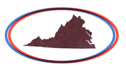 Silhouette of Virginia state outline inside a red and blue oval ring, styled like a bumper sticker.