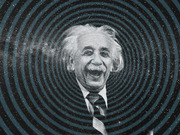 Editorial illustration of a laughing Albert Einstein figure centered within concentric ripple waves on a dark starry background.