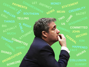 Editorial illustration of a man in profile against a green background surrounded by scattered words like COLLUSION, PROSECUTORS, MUELLER, CRIMINAL, and PAYMENTS.