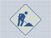 Editorial illustration of a blue road construction worker warning sign against a grid paper background.