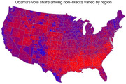 County-level choropleth map of the US showing Obama's vote share among non-black voters by region, colored in shades of red, purple, and blue.