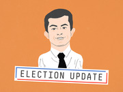 Editorial cartoon illustration of Pete Buttigieg in a white shirt and black tie on an orange background with an Election Update banner.