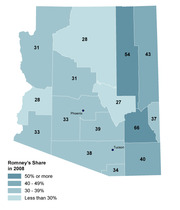 Choropleth map of Arizona counties showing Romney's share of the vote in 2008, with counties shaded by four ranges from less than 30% to 50% or more.