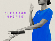Editorial collage illustration showing a woman in a blue dress taking an oath with hand on books, alongside the text Election Update.