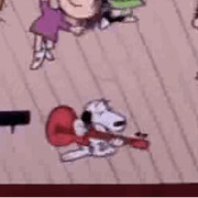Cartoon illustration of Snoopy playing a red guitar on a wooden floor with other Peanuts characters in the background.