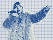 Blue-tinted editorial illustration of a female pop star performing on stage, holding a microphone and pointing, set against a grid paper background.