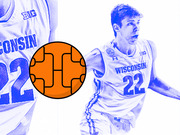Editorial illustration of a Wisconsin Badgers basketball player wearing jersey number 22, shown in blue tint with an orange basketball graphic overlay.