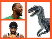Editorial collage showing two NBA basketball players alongside a velociraptor dinosaur toy figurine on an orange background.