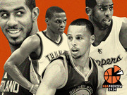 Black and white editorial illustration of four NBA basketball players on an orange background with an NBA Preview 2014 logo.