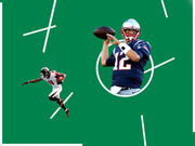 Editorial illustration showing a New England Patriots quarterback (number 12) throwing a football and an Atlanta Falcons wide receiver (number 11) on a green football field background.