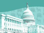 Teal-tinted editorial illustration of the US Capitol building with Republican elephant and Democratic donkey party symbols in the background.