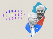Editorial illustration for a Senate Election Update featuring two candidates overlaid on a New Jersey state silhouette in blue and red.
