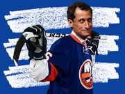 Editorial illustration of a man wearing a New York Islanders hockey jersey and holding CCM hockey gloves and a stick against a blue brushstroke background.