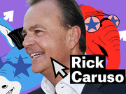 Editorial illustration of Rick Caruso with his photo overlaid on a colorful background featuring Democratic donkey, Republican elephant, stars, arrows, and cursor icons.