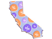 Illustrated outline of California filled with orange and purple circles displaying percent signs, used as decorative editorial art.
