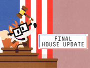 Editorial illustration of FiveThirtyEight's fox mascot wearing glasses and holding a gavel at a podium, with text reading Final House Update.