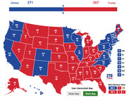 US Electoral College map showing Clinton with 271 electoral votes and Trump with 267, with states colored blue for Clinton and red for Trump.