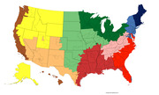 Color-coded map of the United States showing regions or groupings by state and county, with distinct colors for different areas including yellow, green, red, blue, and orange zones.