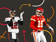 Editorial illustration showing two NFL quarterbacks, Tom Brady in Buccaneers jersey number 12 and Patrick Mahomes in Chiefs jersey number 15, against a dark background with football play diagram arrows.