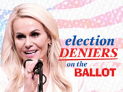 Editorial illustration for a FiveThirtyEight article titled Election Deniers on the Ballot, featuring a woman at a microphone against a stylized American flag background.