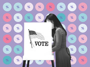 Editorial illustration of a woman voting at a polling booth with an American flag and VOTE text, set against a purple background filled with colorful circles containing percent signs.