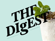 Editorial header graphic for The Digest featuring bold serif text on a mint green background alongside a photo of a mint julep cocktail.
