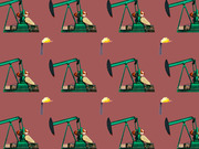 Repeating pattern of oil pump jacks and gas flaring towers on a muted red background, used as decorative editorial illustration.