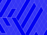 Abstract blue geometric pattern featuring diagonal stripes and angular shapes with dashed lines on a blue background.
