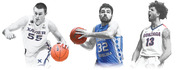Editorial illustration of three college basketball players in Xavier, North Carolina, and Gonzaga uniforms, rendered in black and white with color accents on the basketballs.
